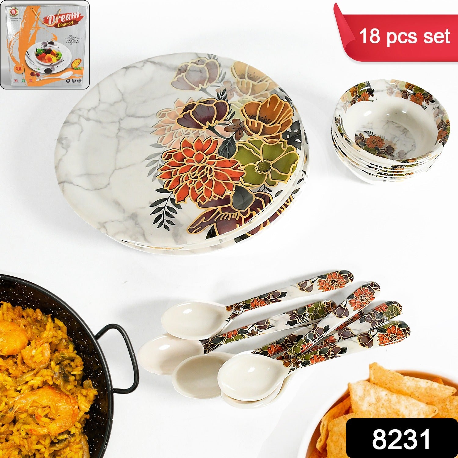 Dream 18-Piece Plastic Dinner Set – Unique Flower Design, 6 Plates, 6 Bowls & 6 Spoons, Microwave & Dishwasher Safe Dream 18-Piece Plastic Dinner Set – Unique Flower Design, 6 Plates, 6 Bowls & 6 Spoons, Microwave & Dishwasher Safe